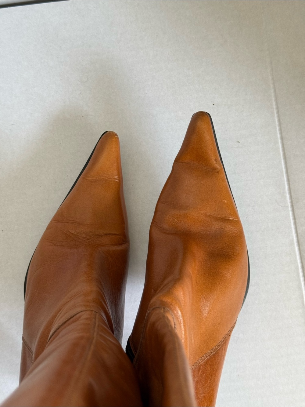 Italian 39 Gorgeous Tall Pointed Leather Boots Classic Cognac Brown-READ - Picture 7 of 14